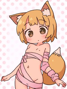 1girl :&lt; animal_ears arm_ribbon blonde_hair blush bow brown_eyes christmas christmas_present collarbone flat_chest fox_ears fox_girl fox_tail gift irohiza loli looking_at_viewer naked_ribbon navel nipples nude original pink_bow pink_ribbon polka_dot polka_dot_background ribbon short_hair standing tail white_background