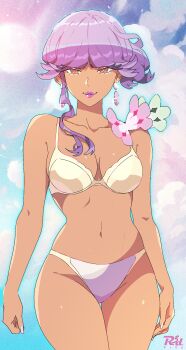 1girl alternate_costume artist_name bikini breasts bright_pupils collarbone commentary cowboy_shot day earrings highres jewelry lipstick looking_at_viewer makeup medium_breasts navel nintendo outdoors parted_lips pokemon pokemon_sv purple_hair purple_lips r3dfive single_sidelock smile solo swimsuit tulip_(pokemon) white_pupils yellow_bikini