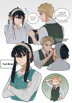 Rule 34 | 2boys, ?, aqua vest, black hair, blonde hair, collared shirt, commentary, cosplay, cropped torso, crossdressing, crossdressing (mtf), crossed arms, earrings, english commentary, english text, gold earrings, green vest, hairband, hanakan, hand on own hip, highres, jewelry, long hair, looking at another, male focus, medium hair, multiple boys, necktie, parted bangs, red eyes, red necktie, shirt, short hair, sidelocks, sigh, spy x family, sweatdrop, twilight (spy x family), updo, upper body, vest, waistcoat, white background, white hairband, white shirt, wiping sweat, yor briar, yor briar (cosplay), yuri briar