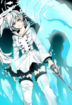 1girl alternate_costume blue_eyes earrings esu_(transc) female_focus jewelry myrtenaster ponytail rwby scar scar_across_eye scar_on_face solo summoning weiss_schnee white_hair