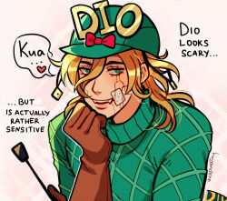 Rule 34 | 1boy, absurdres, artist name, bandaid, bandaid on cheek, bandaid on face, blonde hair, bow, brown gloves, commentary, cracked skin, diego brando, dinosaur tail, english commentary, english text, gloves, green eyes, green sweater, hat, highres, holding, holding whip, huyandere, jojo no kimyou na bouken, male focus, medium hair, red bow, riding crop, signature, solo, steel ball run, sweater, tail, turtleneck, turtleneck sweater, upper body