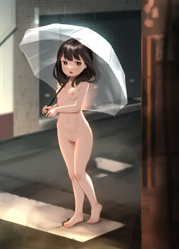 1girl barefoot black_hair breast_press breasts brown_eyes cleft_of_venus female_focus full_body highres hip_bones holding holding_umbrella kai-o looking_to_the_side navel nipples nude nudist open_mouth original outdoors public_indecency pussy rain road sideways_glance small_breasts solo street tiptoes toes transparent transparent_umbrella umbrella zenra