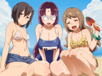 3girls :d ^_^ beach bikini bikini_top_only bindi black_eyes black_hair blue_one-piece_swimsuit blush bracelet breasts brown_hair bursting_breasts closed_eyes cloud collarbone competition_school_swimsuit day denim denim_skirt expressionless facial_mark forehead_mark frilled_bikini frills futagawa_(sengoku_collection) glasses grey_hair hair_between_eyes happy hip_focus holding houjou_souun_(sengoku_collection) jewelry large_breasts lineup long_hair looking_at_viewer maeda_keiji_(sengoku_collection) miniskirt multiple_girls name_tag navel ocean on_ground one-piece_swimsuit opaque_glasses open_mouth outdoors parted_bangs pencil_skirt print_bikini purple_hair rimless_eyewear school_swimsuit sengoku_collection shadow shovel side-tie_bikini_bottom sitting skindentation skirt sky small_breasts smile squatting sweat swimsuit taut_clothes tenchisouha v_arms very_long_hair wariza water wavy_hair wet white_bikini wide_hips worktool yellow_bikini