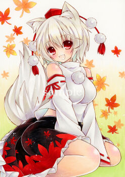 1girl :d animal_ear_fluff animal_ears bare_shoulders between_legs black_skirt blush breasts commentary_request detached_sleeves frilled_skirt frills fuuki_oto_(suzu_no_ne_monogatari) gradient_background green_background hair_between_eyes hand_between_legs hat highres inubashiri_momiji large_breasts leaf leaf_print light_particles long_sleeves looking_at_viewer maple_leaf maple_leaf_print marker_(medium) open_mouth pom_pom_(clothes) print_skirt red_eyes red_hat ribbon-trimmed_sleeves ribbon_trim short_hair sitting skirt smile solo tail tokin_hat touhou traditional_media wariza white_background white_hair white_sleeves wide_sleeves wolf_ears wolf_girl wolf_tail