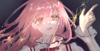 1girl artist_request black_background blunt_bangs bow bowtie brown_eyes chinese_commentary collared_shirt commentary_request eyelashes floating_hair frilled_shirt_collar frilled_sleeves frills glowing happy highres light_blush long_hair long_sleeves looking_ahead nikki_(nikki) nikki_(series) open_mouth palms pink_hair pointing red_bow red_bowtie shining_nikki shirt sidelocks smile solo star_(sky) strap third-party_source upper_body white_shirt