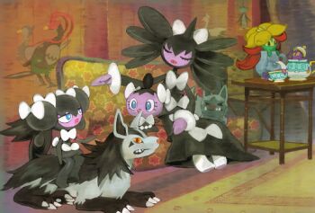 &gt;_&lt; aqua_eyes artist_request bombirdier bright_pupils claws closed_eyes colored_sclera commentary couch cup eiscue eiscue_(noice) english_commentary evolutionary_line eyelashes gen_3_pokemon gen_5_pokemon gen_8_pokemon gossifleur gothita gothitelle gothorita indoors jitome lips mightyena nintendo official_art on_couch pokemon pokemon_(creature) pokemon_focus pokemon_legends:_z-a polteageist poochyena red_eyes sharp_teeth sinistea sitting slit_pupils table teacup teapot teeth third-party_source unfezant unfezant_(female) unfezant_(male) vase white_pupils yellow_sclera