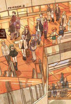 6+boys 6+girls ahoge bag beard character_request contemporary copyright_name denken_(sousou_no_frieren) double_bun dunste_(sousou_no_frieren) edel_(sousou_no_frieren) ehre_(sousou_no_frieren) elf escalator facial_hair fern_(sousou_no_frieren) green_hair grey_hair hair_bun half_updo highres kanne_(sousou_no_frieren) land_(sousou_no_frieren) laufen_(sousou_no_frieren) lawine_(sousou_no_frieren) lernen_(sousou_no_frieren) linie_(sousou_no_frieren) long_hair mature_male methode_(sousou_no_frieren) monocle multiple_boys multiple_girls mustache orange_hair parted_bangs pointing pointy_ears purple_hair red_hair richter_(sousou_no_frieren) sein_(sousou_no_frieren) sense_(sousou_no_frieren) serie_(sousou_no_frieren) short_hair short_twintails shoulder_bag side_ponytail sousou_no_frieren stark_(sousou_no_frieren) takeuchi_ryousuke twintails ubel_(sousou_no_frieren) walking wirbel_(sousou_no_frieren)