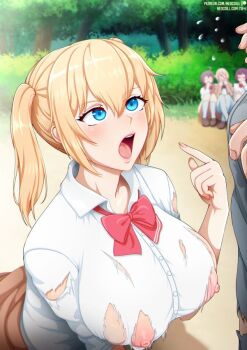 1boy 4girls blonde_hair blue_eyes blurry blurry_background bow bowtie breasts button_gap copyright_request day huge_breasts kneeling looking_at_another looking_up multiple_girls neocoill nipples open_mouth oral_invitation outdoors school_uniform shirt skirt solo_focus teeth tongue torn_clothes torn_legwear torn_shirt tree twintails upper_teeth_only