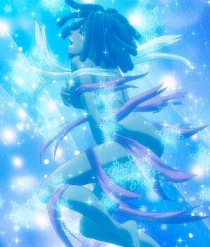 1girl anime_screenshot ass blue_background breasts brown_hair closed_eyes completely_nude covering_breasts covering_privates dark-skinned_female dark_skin dreadlocks dynamis_(shokugeki_no_souma) female_focus from_side highres medium_breasts naked_ribbon nude open_mouth profile red_ribbon ribbon shokugeki_no_souma snowflake_background snowflakes solo sparkle stitched third-party_edit white_ribbon