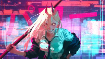 1girl abstract_background black_jacket black_necktie blonde_hair breasts chainsaw_man cleavage collared_shirt commentary demon_horns double-parted_bangs glowing glowing_eyes grin hair_between_eyes highres holding holding_pole horns jacket kuro_kotek large_breasts leaning_forward long_bangs long_hair looking_at_viewer loose_necktie necktie off_shoulder open_clothes open_jacket orange_eyes pole power_(chainsaw_man) red_horns sharp_teeth shirt smile solo standing straight-on straight_hair teeth upper_body v-shaped_eyebrows white_shirt wing_collar