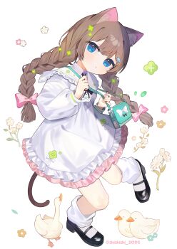 1girl absurdres animal_ear_fluff animal_ears bag blue_eyes bow braid brown_hair cat_ears cat_girl cat_tail closed_mouth collared_dress dress flower frills hair_bow hair_ornament highres long_hair long_sleeves looking_at_viewer loose_socks original pink_bow puffy_long_sleeves puffy_sleeves shishiodoshi shoes shoulder_bag socks solo tail twin_braids white_background white_dress white_flower white_socks
