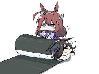 >_< 2girls ahoge animal_ears black_hair black_hat blue_eyes blue_flower blue_rose bow brown_hair chibi closed_eyes closed_mouth ears_down flower flying_sweatdrops food grey_hairband hair_between_eyes hair_over_one_eye hairband hat hat_flower horse_ears horse_girl horse_tail in_food kawamochi_(kawauti919) makizushi mihono_bourbon_(umamusume) multiple_girls parted_lips pleated_skirt purple_shirt purple_skirt rice_shower_(umamusume) rose school_uniform shirt skirt sushi tail tracen_school_uniform umamusume wavy_mouth white_bow