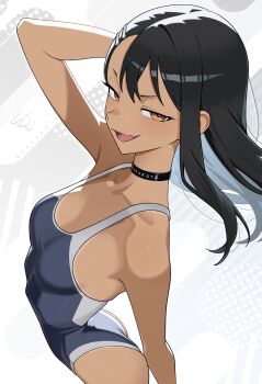 1girl :d absurdres armpits ass black_choker black_hair blue_one-piece_swimsuit breasts brown_eyes choker collarbone fang from_side hair_ornament hairclip highres ijiranaide_nagatoro-san nagatoro_hayase one-piece_swimsuit open_mouth otokakoto ribs small_breasts smile smug solo swimsuit tan tanline v-shaped_eyebrows