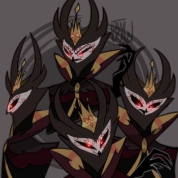 1boy black_cloak cloak crown danidraws demon_boy furry furry_male gold_crown hellaverse helluva_boss highres looking_at_viewer owl_boy paimon_(helluva_boss) red_eyes solo