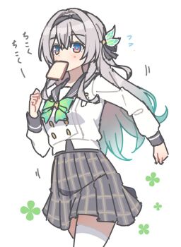 1girl black_hairband black_ribbon blush bow bowtie bread bread_slice checkered_bow checkered_bowtie checkered_clothes checkered_skirt clover collared_shirt firefly_(honkai:_star_rail) firefly_(spring_missive)_(honkai:_star_rail) flying_sweatdrops food food_in_mouth four-leaf_clover gradient_hair green_bow green_bowtie green_pupils grey_hair grey_sailor_collar grey_skirt hair_between_eyes hair_ornament hair_ribbon hairband honkai:_star_rail honkai_(series) long_hair multicolored_eyes multicolored_hair pleated_skirt ribbon sailor_collar school_uniform serafuku shirt simple_background skirt solo t@ke-g thighhighs two-tone_eyes walking white_background white_shirt white_thighhighs