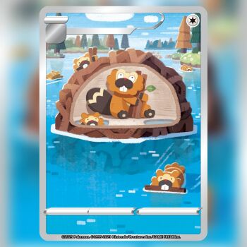 ._. :3 amelicart animal_focus bibarel bidoof blue_sky buck_teeth card_(medium) closed_mouth cloud commentary company_name copyright_name copyright_notice dam day english_commentary evolutionary_line gen_4_pokemon grass holding leaf nintendo no_humans official_art outdoors pokemon pokemon_(creature) pokemon_card pokemon_focus pokemon_tcg sky smile stick swimming teeth textless_version third-party_source trading_card tree water