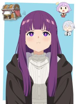 absurdres black_robe blunt_bangs character_request chibi dress fern_(sousou_no_frieren) frieren frieren_stuck_in_a_mimic_(meme) highres long_hair meme mimic mimic_chest purple_eyes purple_hair rikka_(rikkaarts) robe solo_focus sousou_no_frieren upper_body white_dress