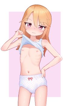 1girl absurdres clothes_lift flat_chest hand_on_own_hip highres idolmaster idolmaster_cinderella_girls lifting_own_clothes loli navel nipples panties pepzi solo underwear white_panties yuuki_haru