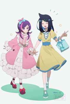Rule 34 | 2girls, bag, black hair, blue bow, blue hair, blue hairband, bow, bow hairband, closed eyes, colored inner hair, commentary request, dot (pokemon), dress, facing viewer, footwear bow, grey background, hair ornament, hairband, hairclip, highres, holding another's wrist, kokiya, liko (pokemon), long hair, looking at another, multicolored hair, multiple girls, nintendo, open mouth, pink dress, pink hair, pokemon, pokemon (anime), pokemon horizons, purple eyes, purple hair, red bow, simple background, smile, socks, sweatdrop, two-tone hair, white socks, yellow dress