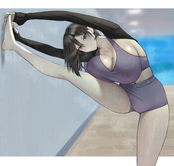 1girl abs against_wall barefoot black_hair black_shrug breast_rest breasts brown_eyes closed_mouth collarbone exercising feet foot_against_wall hands_on_own_foot hanging_breasts high-waist_shorts highres huge_breasts indoors leg_up letterboxed long_sleeves looking_at_viewer medium_hair micro_shorts navel original purple_sports_bra renata_(zaenathi) shorts shrug_(clothing) sports_bra spread_legs standing standing_on_one_leg steaming_body stretching thighs zaenathi