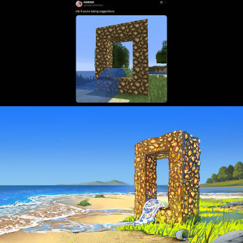 Rule 34 | aether portal, beach, benii21, bucket, clear sky, commentary, english commentary, failure, glowstone, highres, minecraft, no humans, outdoors, portal (object), reference inset, sea turtle, sky, spill, tree, turtle, water