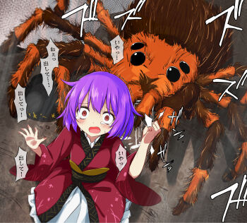 1girl against_glass blush bowl bug check_translation commentary_request crying crying_with_eyes_open hand_on_glass helpless highres japanese_clothes kimono long_sleeves mini_person minigirl obi open_mouth peril predator_and_prey purple_hair red_eyes red_kimono ryona sash scared solo spider sukuna_shinmyoumaru sweat tarantula tears touhou translation_request trembling tsuukinkaisoku_oomiya wide_sleeves