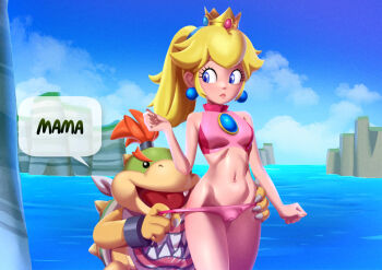 1boy 1girl bikini blonde_hair blue_eyes bowser_jr. breasts cameltoe crown gbumop interspecies mario_(series) medium_breasts navel nintendo ocean outdoors pink_bikini ponytail princess_peach stomach swimsuit