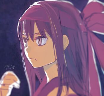 Rule 34 | 1girl, ainu clothes, artist name, fingerless gloves, gloves, hair ribbon, half-closed eyes, highres, long hair, nakoruru, purple hair, ribbon, samurai spirits, serious, snk, solo, the king of fighters