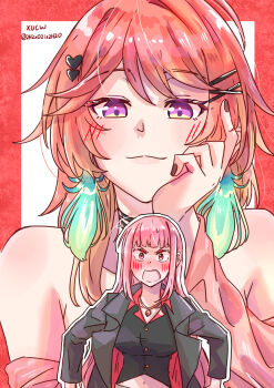 2girls absurdres alternate_costume blush breasts couple earrings feather_earrings feathers gradient_hair green_feathers highres hololive hololive_english jewelry large_breasts long_hair mori_calliope multicolored_hair multiple_girls official_alternate_costume open_mouth orange_hair pink_hair purple_eyes q_(hololive) red_eyes shirt smile takanashi_kiara tasty_(takanashi_kiara) virtual_youtuber xu_chin-wen yuri