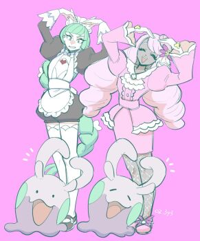 Rule 34 | 2girls, 2others, arms up, artist request, curvy, dark-skinned female, dark skin, eyelashes, fishnet pantyhose, fishnets, full body, gen 6 pokemon, glove bow, gloves, goomy, grey hair, highres, jacinthe (pokemon), jewelry, lebanne (pokemon), long hair, long sleeves, maid, maid headdress, multiple girls, multiple others, nintendo, open mouth, pantyhose, pokemon, pokemon legends: z-a, puffy sleeves, purple eyes, purple skirt, ring, shoes, skirt, smile, standing, tilted headwear, very dark skin, very long hair, white gloves, wide hips, zoom layer