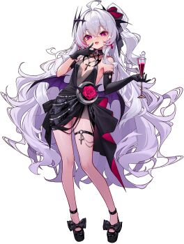 Rule 34 | 1girl, alcohol, asymmetrical gloves, bat wings, black dress, black gloves, black shirt, block heels, bow, breasts, clothing cutout, cowlick, crescent, criss-cross halter, cross, cross necklace, cup, demon girl, diamond (shape), diamond cutout, dress, dress flower, drinking glass, elbow gloves, flower, footwear bow, full body, game cg, gloves, halterneck, hand on own face, highres, holding, holding cup, jewelry, latin cross, lilith (crimson moonlight) (poker fate), lilith (poker fate), long hair, looking at viewer, multicolored hair, necklace, non-web source, o-ring, o-ring thigh strap, official alternate costume, official art, poker fate, red eyes, red flower, red hair, red rose, red streaks, red wine, rose, shebaotower, shirt, side ponytail, single elbow glove, small breasts, solo, sparkle, streaked hair, thigh strap, two-tone dress, uneven gloves, very long hair, white hair, wine, wine glass, wings