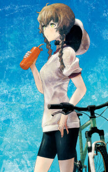 1girl 5pb. amane_suzuha bicycle bicycle_helmet bike_shorts blue_background bottle braid braided_sidelock brown_hair chinstrap cowboy_shot female_focus hair_between_eyes hand_up helmet holding holding_bottle huke nitroplus official_art science_adventure see-through_clothes see-through_shirt shirt short_sleeves short_twintails solo steins;gate sweat sweatdrop texture textured_background twin_braids twintails unworn_headwear unworn_helmet water_bottle yellow_eyes