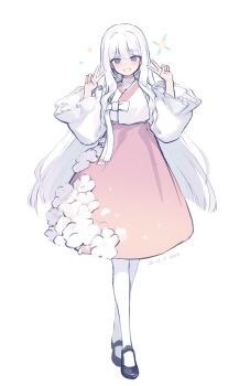 Rule 34 | 1girl, asicah, asta (asicah), black shoes, blue eyes, breasts, commentary, dated, double v, full body, grin, hands up, highres, long hair, long sleeves, looking at viewer, original, pantyhose, pink skirt, puffy long sleeves, puffy sleeves, shirt, shoes, simple background, skirt, small breasts, smile, solo, sparkle, standing, untranslatable commentary, v, white background, white hair, white pantyhose, white shirt