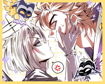 1boy 1girl adam_(hazbin_hotel) angel angel_wings anger_vein black_halo blush border brown_hair chibi chibi_inset eye_contact grey_hair grid_background halo hands_on_another&#039;s_cheeks hands_on_another&#039;s_face hazbin_hotel hellaverse highres horned_mask korean_commentary looking_at_another lute_(hazbin_hotel) mask outside_border spoken_anger_vein wings yellow_border yp_katelove