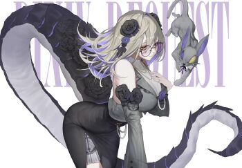 1girl black_flower black_skirt breasts closed_mouth commentary_request commission dragon_tail flower glasses grey_shirt hair_flower hair_ornament hand_on_own_chest heterochromia highres houh888 korean_commentary large_breasts leaning_forward long_hair looking_at_viewer original pixiv_commission purple_eyes rabbit round_eyewear shirt skirt solo standing tail white_background yellow_eyes