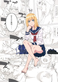 1girl bag bare_legs barefoot black_shoes black_socks blonde_hair blue_bag blue_skirt blush breasts closed_mouth collarbone decensored doggystyle dot_nose doujinshi feet fellatio female_focus green_eyes hand_on_own_cheek hand_on_own_chin hand_on_own_face hands_on_another's_head highres irrumatio japanese_text kyou_no_asuka_show kyouno_asuka large_breasts legs long_hair long_sleeves lying manga_(object) miniskirt monochrome nipples nude on_back on_bed on_ground on_stomach onsen_nakaya open_mouth oral panties pantyshot penis pillow pleated_skirt school_bag school_uniform serafuku sex sex_from_behind shoes sitting skirt small_breasts socks solo solo_focus sweat tearing_up tears teeth thighs third-party_edit toes tongue tongue_out uncensored underwear upper_teeth_only white_panties white_serafuku