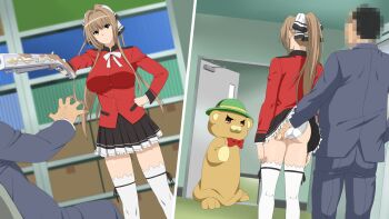 1boy 1girl age_difference amagi_brilliant_park ass ass_grab assisted_exposure at_gunpoint black_skirt blurry bookcase box breasts brown_eyes brown_hair cardboard_box censored censored_identity clothes_lift cottage depth_of_field door dutch_angle green_headwear groping gun hair_ribbon hand_on_own_hip high_ponytail highres indoors large_breasts long_hair moffle panties pleated_skirt ponytail ribbon sento_isuzu skirt skirt_lift stealth_ass_grab tagme thighhighs ugly_bastard underwear weapon white_panties zettai_ryouiki
