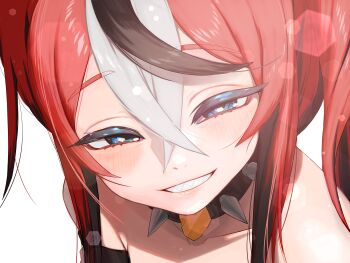1girl absurdres black_streaks blue_eyes butayaro_kr cheese collar commentary_request crossed_bangs food grin hair_between_eyes hakos_baelz hakos_baelz_(1st_costume) highres hololive hololive_english korean_commentary light_blush long_hair looking_at_viewer multicolored_hair red_hair sharp_teeth simple_background smile solo spiked_collar spikes streaked_hair teeth virtual_youtuber white_background white_hair
