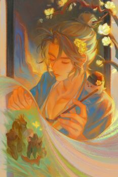 1boy animal animal_on_shoulder bird bird_on_shoulder blue_hanfu branch calligraphy_brush chinese_clothes closed_eyes flower grey_hair hair_bun hair_flower hair_ornament hands_up hanfu highres holding holding_calligraphy_brush holding_paintbrush mountain multiple_views official_alternate_costume paintbrush reverse:1999 sasa_(nyasa_sowa) short_hair sidelighting tit_(bird) upper_body yellow_flower zima_(reverse:1999)