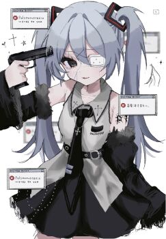 1girl @_@ alternate_costume arm_tattoo arm_warmers bandage_over_one_eye belt beretta_92 black_necktie bleeding blood blood_from_forehead blue_blood blue_hair blurry blurry_background collared_dress cross double-parted_bangs dress english_text frilled_dress frills fur_trim gun gun_to_head hair_between_eyes hair_ornament handgun hatsune_miku highres layered_dress layered_skirt necktie one_eye_covered skirt sleeveless sleeveless_dress solo tattoo twintails upper_body uxvqx vocaloid weapon white_background window_(computing) x_hair_ornament
