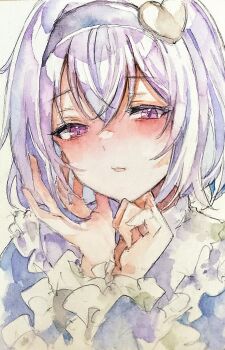 Rule 34 | 1girl, absurdres, blue shirt, blush, commentary, frilled sleeves, frills, hair ornament, hairband, heart, heart hair ornament, highres, kamu kotan, komeiji satori, long sleeves, looking at viewer, medium hair, open mouth, purple eyes, purple hair, shirt, solo, touhou, traditional media