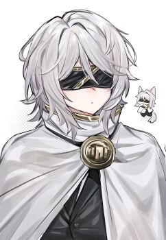 1girl 1mingk absurdres animal_ears badge black_jacket black_necktie blindfold buttons capelet chibi chibi_inset closed_mouth commentary double-parted_bangs expressionless facing_ahead faust_(project_moon) halftone highres index_(identity)_(project_moon) jacket kemonomimi_mode limbus_company mouth_hold necktie project_moon short_hair sidelocks simple_background solo suit_jacket symbol-only_commentary tail upper_body white_background white_capelet white_hair wolf_ears wolf_tail