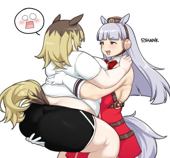 2girls 53hank absurdres animal_ears artist_name black_shorts blonde_hair blunt_bangs blush bow breasts brown_hair brown_hat brown_tail carrying carrying_person fat fat_woman feet_out_of_frame gloves gold_ship_(umamusume) grabbing_another&#039;s_ass grey_hair groping hat highres horse_ears horse_girl large_breasts long_hair multicolored_hair multiple_girls o-ring open_mouth original pillbox_hat red_bow shorts simple_background speech_bubble spoken_expression tail thick_arms thick_thighs thighs two-tone_hair umamusume white_background white_gloves yuri