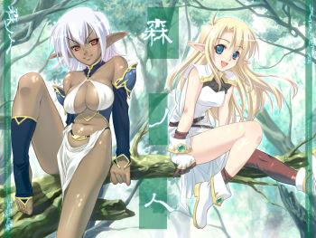 &gt;:) 2girls :d bare_shoulders barefoot belt blonde_hair blue_eyes boots breasts cleavage dark-skinned_female dark_elf dark_skin detached_sleeves elf feet gloves highres in_tree large_breasts leg_lift long_hair midriff multiple_girls navel open_mouth original outdoors pointy_ears red_eyes sitting sitting_in_tree sleeveless smile toeless_legwear toes tomomimi_shimon tree v-shaped_eyebrows white_hair