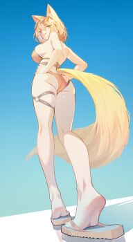 Rule 34 | 1girl, animal ears, ass, bikini, blonde hair, breasts, commentary, eyewear on head, flip-flops, fox ears, fox girl, fox tail, hands on own hips, highres, kneepits, large breasts, looking back, o-ring, o-ring thigh strap, original, pero (peroneko0510), sandals, short hair, sideboob, soles, solo, swimsuit, tail, thigh strap, tinted eyewear, yellow-tinted eyewear, yellow bikini