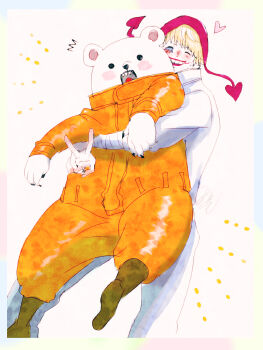 2boys bear bear_boy bepo_(one_piece) blonde_hair carrying closed_eyes commentary_request donquixote_rocinante facepaint hat heart highres jumpsuit minamoto_(tomonami_66) multiple_boys one_piece orange_jumpsuit polar_bear red_hat red_lips simple_background smile standing white_jumpsuit