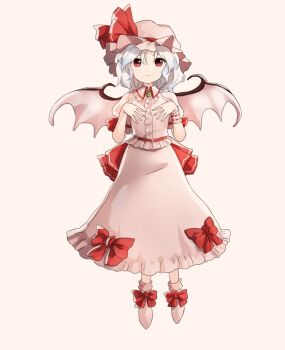 1girl bat_wings bow closed_mouth dress embodiment_of_scarlet_devil floating footwear_bow frilled_dress frills full_body hands_up hat looking_at_viewer medium_hair mob_cap red_bow red_eyes red_ribbon remilia_scarlet ribbon rion_(glayjirobass) short_sleeves simple_background socks solo standing touhou white_dress white_hat white_socks wings wrist_cuffs zun_pose