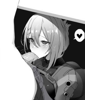 absurdres ass braid clothes_pull cross_in_eye de_lacey_(neural_cloud) drooling fellatio folded_ponytail girls&#039;_frontline girls&#039;_frontline_neural_cloud greyscale hair_between_eyes heart highres jacket looking_at_another monochrome open_clothes open_jacket oral pants pants_pull professor_(neural_cloud) saliva shirt side_braid sidelocks speech_bubble spoken_heart sweat taut_clothes taut_shirt tearing_up turtleneck under_table undershirt yanagui_yugi