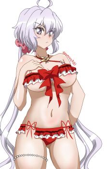 1girl ahoge areola_slip bikini breasts commentary_request cowboy_shot dolphin_wave highres large_breasts long_hair namrute0303 navel official_alternate_costume purple_eyes red_bikini senki_zesshou_symphogear simple_background solo stomach swimsuit thigh_strap thighs twitter_username underboob very_long_hair white_background white_hair yukine_chris