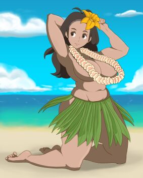 1girl alola_mother antenna_hair arm_behind_head arm_up armpits barefoot beach belly black_hair breasts brown_eyes clenched_hand closed_mouth convenient_censoring dark-skinned_female dark_skin eyelashes flower flower_necklace from_side grass_skirt groin gummidx hair_flower hair_ornament highres horizon hula jewelry large_breasts lei long_hair looking_away mature_female mother_(pokemon) navel necklace nintendo ocean orange_flower outdoors pokemon pokemon_sm shadow smile solo thick_eyebrows thick_thighs thighs topless_female